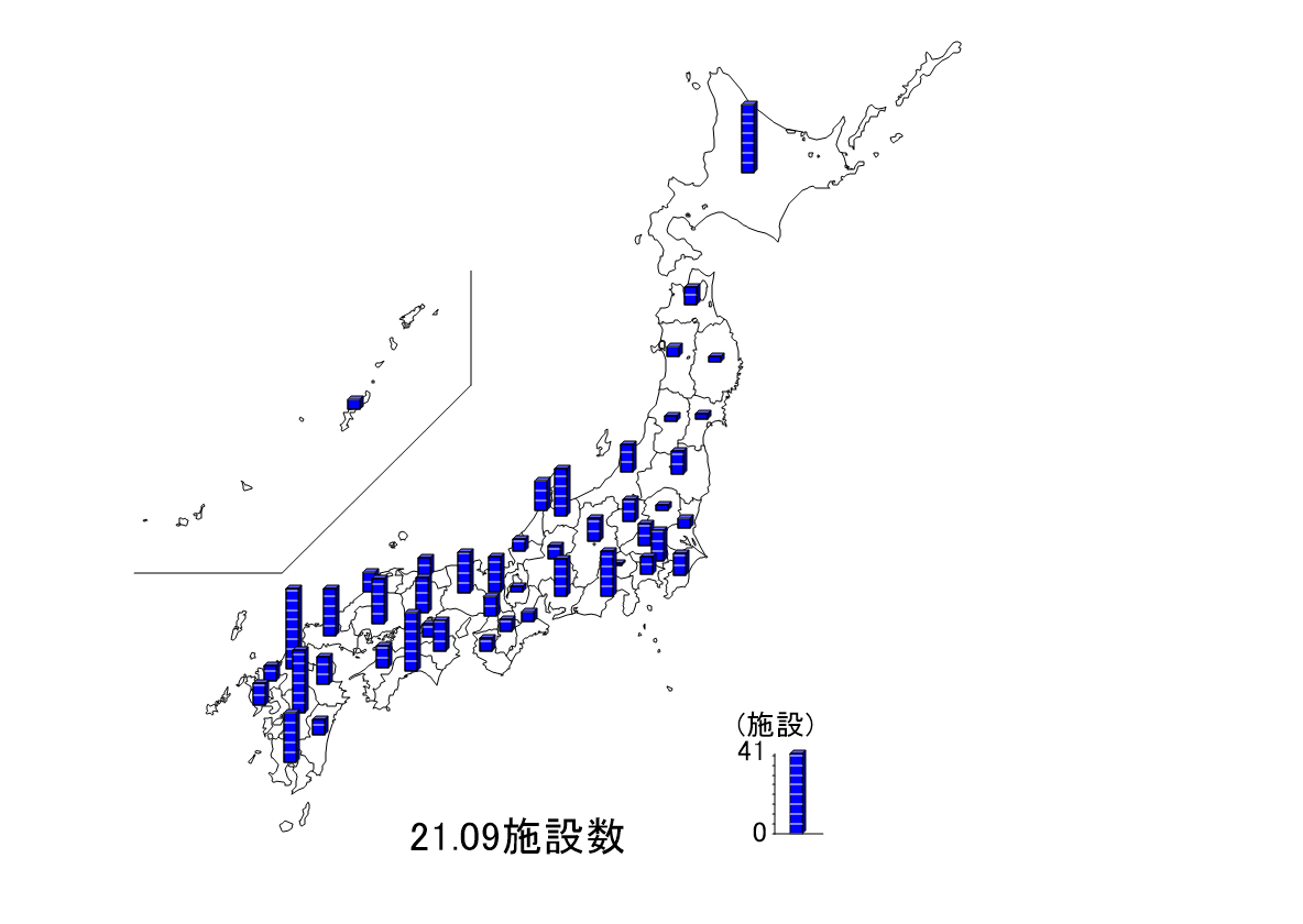 都道府県ごとの施設数を日本地図上に示した図です。